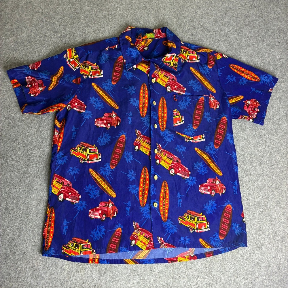 Roundy Bay Mens XL Blue Hawaiian Shirt Car Surfboard Short Sleeve Button Up